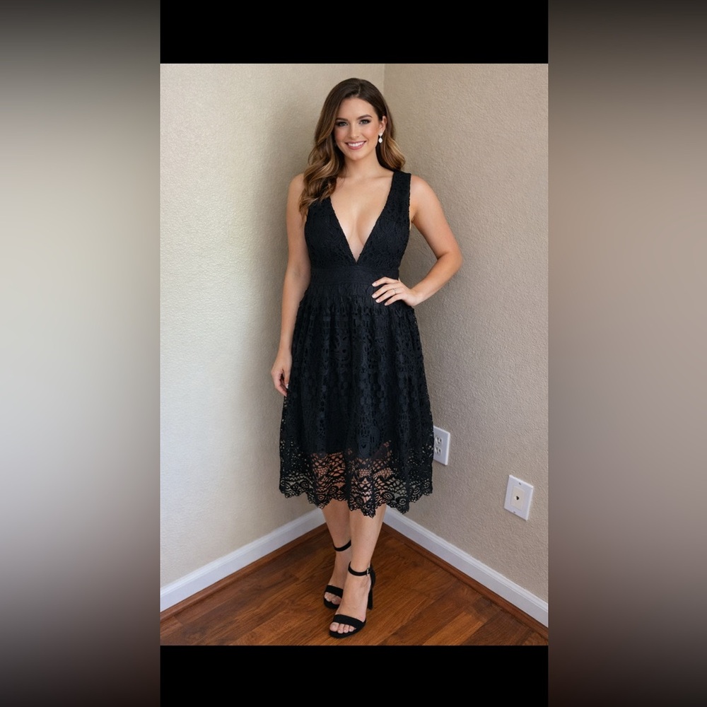 Lulu's Black Lace Midi Cocktail Wedding Summer Lace Deep V Neck LG LIKE NEW